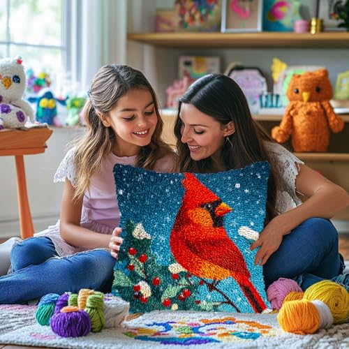 Cardinal Bird on Christmas Red Flower Latch Hook Pillow Kits for Adults DIY Pillow Cover Printed Pillowcase Crochet Yarns Hooking Handmade Cushion for Home Sofa Decor 17x17inch(4) - color: 05-Red Cardinal