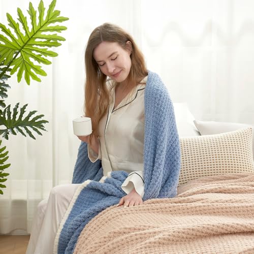 Snuggle Sac Ultra Soft Waffle Throw Blanket for Couch Bed Sofa 50x60 inches, Reversible Blue Blanket Microfiber Fluffy Fuzzy Cozy Knit Throws for Women Mothers Birthday Gifts - color: Waffle Washed Blue, size: Throw(50"x60")