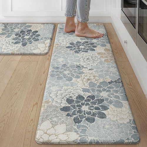 GENIMO Kitchen Mats for Floor, Kitchen Rugs Non Slip Washable Sets of 2, Waterproof Cushioned Anti Fatigue Mat, Floral Runner Rug for Laundry, Sink, Office, Home, 17.3"x59"+17.3"x30", LightBlue - color: Light Blue, size: 17.3"x59"+17.3"x30"