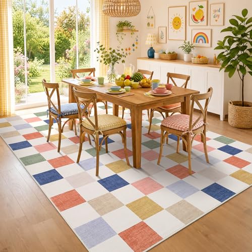 GarveeHome Checkered Colorful Rainbow 8x10 Area Rug for Living Room Washable Geometric Modern Soft Low-Pile Stain Resistant Kids Large Rug for Bedroom Non-Slip TPE Backing - color: Colorful, size: 8' x 10' (Rectangular)