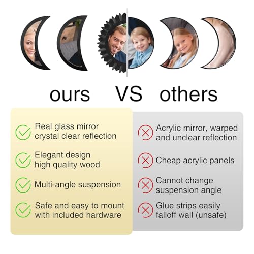 WAKOSAN Wall Mirror, Moon Phase Mirror Set, Wall Decor for Bedroom, Bohemian 5PCS Wooden and Real Glass Mirror with Crystal Clear Reflection, Boho Decor, Multi-Angle Installation (Black) - color: Black