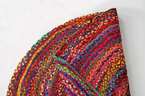 GRUHUM Handwoven 10'feet Jute Cotton Round Area Rug, Natural Multi Chindi Boho Colorful Rustic Vintage Soft Braided Reversible Bohemian Rug- Indoor EcoFriendly Kitchen Bedroom Living Room 10'ft Circle - color: Multi Color- 27, size: 10' (Round)