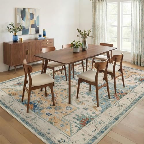 9x12 Area Rugs for Living Room, Large Machine Washable Area Rug, Low Pile Non Slip Boho Rug, Stain Resistant Carpet for Bedroom Dinning Room Nursery Farmhouse Office Home-Blue/Gold/Beige - color: Blue/Gold/Beige, size: 9' x 12' (Rectangular)