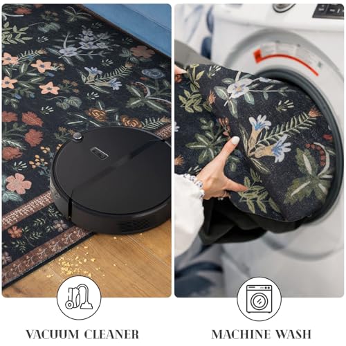 Lansny Boho Entryway Rug 2x3 Washable, Black Navy Floral Kitchen Rug, Super Thin Faux Wool Small Area Rug, Non-Slip Soft Carpet for Foyer, Bedroom, Office - color: Black Navy, size: 2' x 3' (Rectangular)