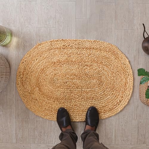 HOMEMONDE Reversible Oval Jute Area Rug - Hand Woven Natural Fiber - Farmhouse Braided Rugs for Entryway/Front Door/Porch/Meditation Mat/Home Decor (2.3 x 4 ft, Natural) - size: 2'4" x 4' (Oval)