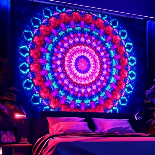 Manicer Blacklight Mandala Tapestry - UV Reactive Glow in the Dark Red Green Purple Bohemian Floral Wall Art Decor for Bedroom Living Room Dorm - 51.2" x 59.1" - color: Green