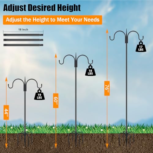 FEED GARDEN Heavy Duty Shepherds Hook 76" Double Hooks Adjustable (44/60/76") - Alloy Steel 5-Prong Base, 17lb Capacity - Easy Assembly Bird Feeder Pole for Hanging Planters, Lanterns, Wind Chimes - size: 76 Inch