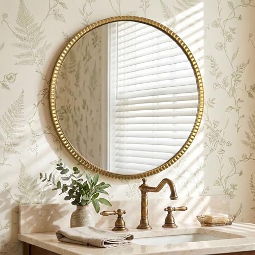 Large Beaded Round Gold Mirror 32" – Metal Frame Circle Wall Mirror, Simple Modern Accent Mirror for Bathroom, Vanity, Entryway, Living Room - color: Simple - 32"l X 32"w