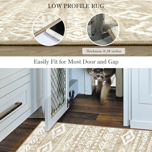 Lahome Boho Geometric 3x5 Rug, Low-Pile Soft Washable Tan Bedroom Rug Non-Slip, Rustic Tribal Print Pattern Large Bathroom Rugs Indoor Throw Rug Carpet for Entryway Office Laundry Room Varena - color: Tan/White, size: 3' x 5'