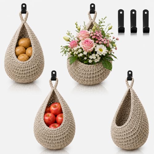 Boho Decor Hanging Fruit Baskets for Kitchen, 3 Pack Handwoven Teardrop Wall Hanging Baskets with Hooks, Storage for Fruits, Onions, Vegetables & Potatoes, 3 Sizes for Home, Light Linen - color: Large-Light Linen