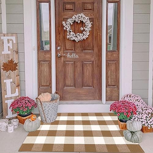 Buffalo Plaid Outdoor Rugs, 2'4" x 3'7" Brown and White Checkered Indoor/Outdoor Area Rug, Layering Rug for Hello/Welcome Door Mat, Washable Cotton Woven Farmhouse Mat for Fall Front Porch Décor - color: Brown and White Plaid, size: 2'4" x 3'7" (Rectangul