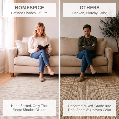 Homespice Remi Striped Area Rug 3x5' - Soft & Thick Premium Handwoven Jute Rug for Kitchen and Hallway, Lays Flat, Won't Fray or Shed, Warm Tan, Ivory & Gray Stripes - color: Remi, size: 3' x 5' (Rectangular)