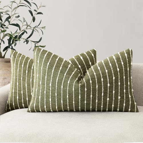 Foindtower Pack of 2 Decorative Jacquard Boucle Lumbar Throw Pillow Covers Accent Textured Striped Pillowcases Cozy Boho Cushion for Couch Sofa Bedroom Living Room Home Decor 12x20 Inch Olive Green - color: Olive Green, size: 20" x 12" (Pack of 2)