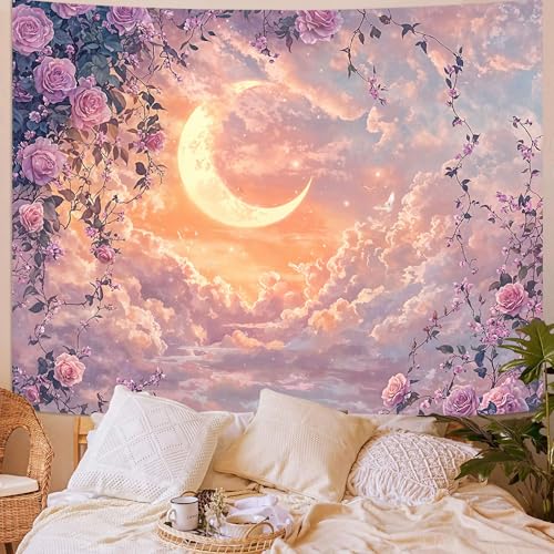 Wegklazax Pastel Rose and Moon Tapestry, Romantic Cloudscape Wall Art for Room Decor, Dreamy Floral Aesthetic Home Decor 80" L x 60" W - color: Purple Yellow, size: 80"L x 60"W