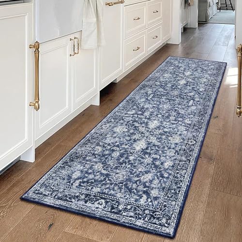 KILOCOCO Hallway Runner 2x5 Printed Vintage Floral Washable Kitchen Runner Rug Non-Slip Runners for Hallways Distressed Boho Runners for Bedroom Laundry Room, Navy Blue - color: Blue/Navy/White, size: 2' x 5' (Runner)