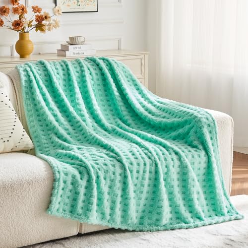 NEWCOSPLAY Super Soft Queen Blanket Aqua Premium Silky Flannel Fleece 3D Waffle Checkered Lightweight Bed Blanket All Season Use (Aqua, Queen(90"x90")) - color: Aqua, size: Queen(90"x90")