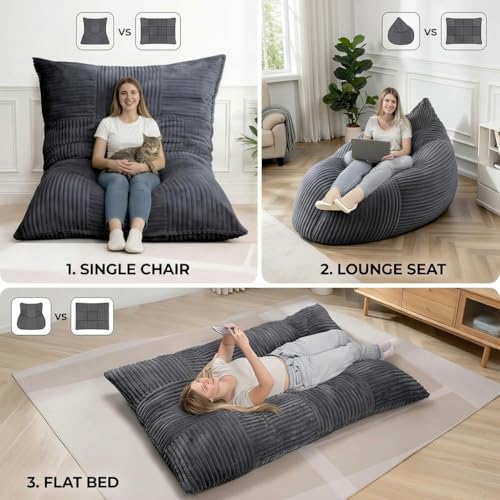 Giant Bean Bag Chair - 3-in-1 Convertible Memory Foam Floor Cushion with Washable Corduroy Cover, Large Comfy Beanbag Sofa for Adults and Kids-Gray - color: Dark Gray