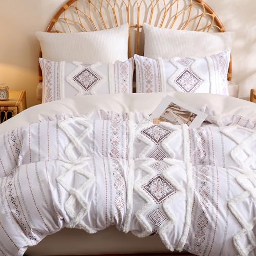 Herside Light Brown 100% Cotton Boho Duvet Cover Set Queen Size, 3-Piece Tufted Textured Modern Boho Moroccan Bedding, Aztec Geometric Farmhouse Comforter Cover with 8 Corner Ties & Double Zipper - color: Light Brown, size: Queen(No Comforter)