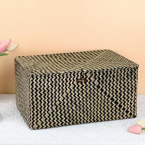 Hipiwe Wicker Shelf Baskets Bin with Lid, Handwoven Seagrass Basket Storage Bins Rectangular Household Basket Boxes for Shelf Wardrobe Home Organizer, Black,X-Large - color: Black, size: X-Large