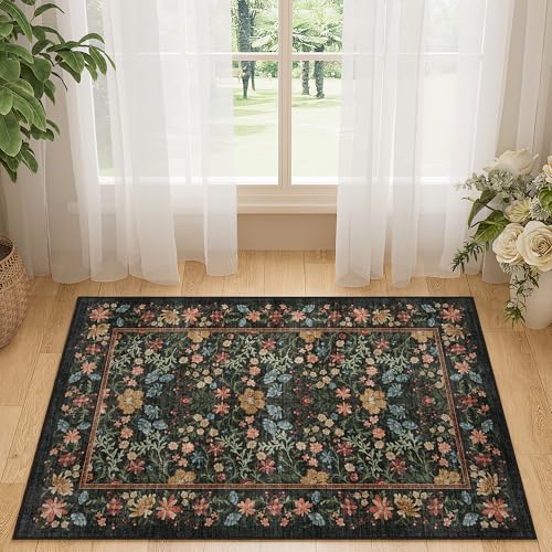 DUKINO 2x3 Entryway Rug, Floral Washable Area Rug with Non Slip Indoor Door Mat, Vintage Low Pile Small Front Door Throw Carpet for Kitchen, Entrance, Bathroom, Bedroom, Black - color: Black, size: 2' x 3' (Rectangular)