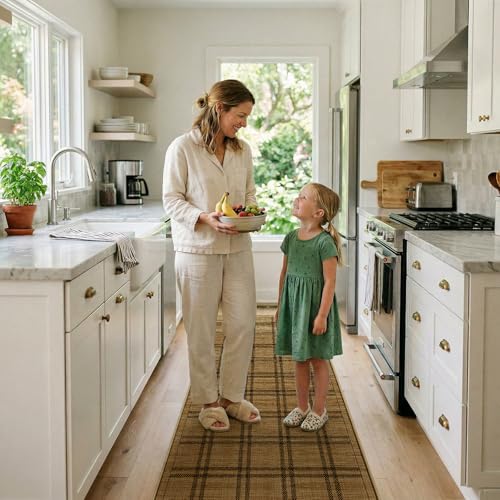 Jute 3x6 Kitchen Plaid Rug: Washable Non Slip Hallway Rugs with Rubber Backing Pet-Friendly Carpets Stain Resistant Runners for Laundry Entryway Bedroom Decor Brown - color: Brown Plaid, size: 3' x 6' (Rectangular)