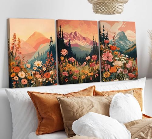 3Pcs Boho Mountain Canvas Wall Art Vintage Wildflower Mountains Poster Prints Abstract Nature Sunset Landscape Picture Botanical Paintings Artwork Wall Decor for Living Room Bedroom 16x24in Framed - color: Boho, size: 24"L x 16"W