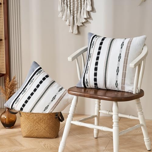 Boho Chenille Throw Pillow Covers 18x18 Inch Square Farmhouse Decorative Pillow Covers Set of 2, Beige Striped White Couch Protectors Soft Pillowcase Covers with Zipper for Sofa Bed - color: Brown