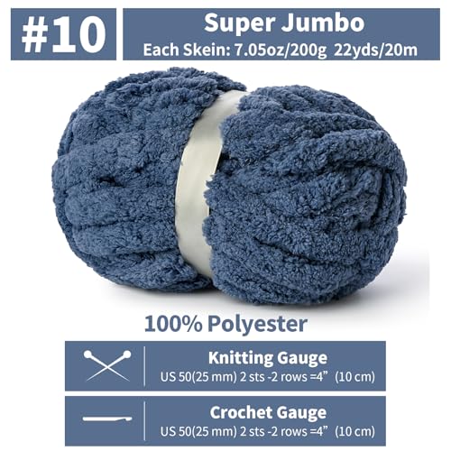 10 Pack Jumbo Chenille Yarn for Crocheting, #10 Super Bulky Baby Soft Yarn for Hand Knitting, 220 yds /70.5 oz Fluffy Chunky Knit Throw Blanket Yarn (Navy Blue) - color: Navy Blue