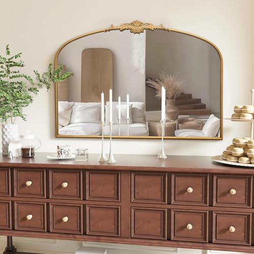 Besdomus Ornate Arched Large Mirror: 48"x33" French Oversize Gold Vintage Vanity Decorative Mirror - Baroque Traditional Antique for Fireplace/Bathroom/Living Room - Home Decor for Homemakers - color: Gleaming Gold, size: 33"L x 48"W