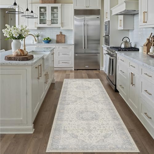 PureCozy 2x6 Runner Rug Washable Neutral Gray Vintage Hallway Kitchen Carpet Non Slip Low Pile Soft Floral Indoor Long Grey Throw Rug for Bedroom Bathroom Laundry Living Room - color: Vintage | Gray, size: 2' x 6' (Runner)