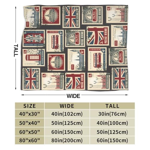 British Stamp Throw Blanket, Vintage England Buildings London Culture Element Retro Warm Cozy Flannel Soft Blanket for Couch Chair Sofa Bed Bedroom Living Room Car for All Season 30"x 40" - color: Country02, size: 30X40 inch