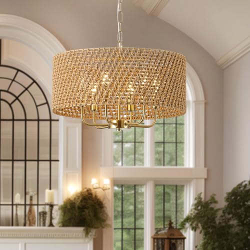 20" Large Boho Rattan Chandeliers for Dining Room, 6-Light Rattan Hand-Woven Drum Wicker Farmhouse Chandelier Large Vintage Chandelier Pendant Light Fixture for Kitchen Island Entryway(Gold) - color: B-Gold 6-Light 20" Drum