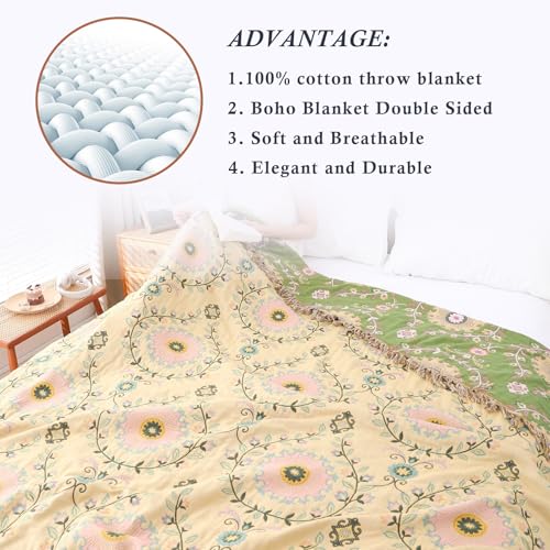 Snycler Boho Throw Blanket 91"x98" - 100% Cotton Ultra Soft Rustic Quilt, Green Floral Printed Farmhouse Decor for Bed, Sofa, Couch, Chair - All Season Cozy Blanket - color: Boho Floral Green, size: 91"x98"