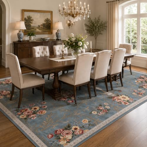 Helthep Floral Soft & Non-Slip Area Rug – Ultra-Thin Faux Cashmere, Pet-Friendly, Easy to Clean, Durable TPR Backing – Elegant Flower Pattern for Bedroom & Living Room (Blue, 8×10 ft) - color: Blue, size: 8' x 10' (Rectangular)