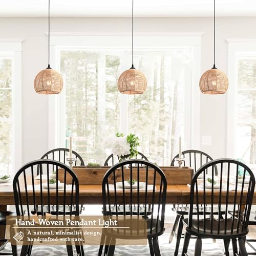 3 Pack Wicker Pendant Light Natural Woven Pendant Light Boho Chandelier Light Fixture Dome Rustic Farmhouse Pendant Lights Rattan Light Fixture for Dining Room Kitchen Island (Bulb Incl.) - color: 8.7" Natural 3-Pack
