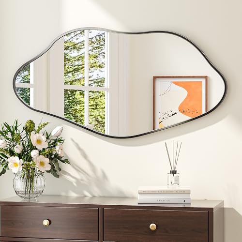 Keonjinn Black Irregular Mirrors for Wall 48" x 24" Inch, Asymmetrical Metal Frame, Tempered Glass Decorative Mirror for Bathroom, Bedroom, Living Room, Entryway(Horizontal/Vertical) - color: Black, size: 24"L x 48"W
