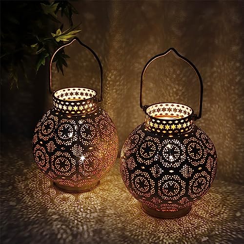 TRIROCKS Set of 2 Moroccan Style Metal Table Lamp 7'' High Battery Powered Cordless Lamp with LED Fairy Lights Bulb Perfect for Home Living Room Parties Tabletop Indoors(Brown) - color: Brown