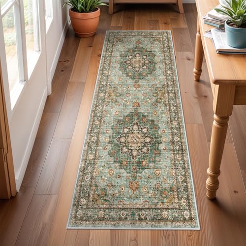 Washable Oriental Hallway Runner Rug - 2x6 Rugs for Living Room Soft Carpet for Bedroom Kitchen Waterproof Floral Distressed Indoor Stain Resistant Non-Shedding Floor Carpets (Green, 2X6) - color: Green, size: 2' x 6' (Rectangular)