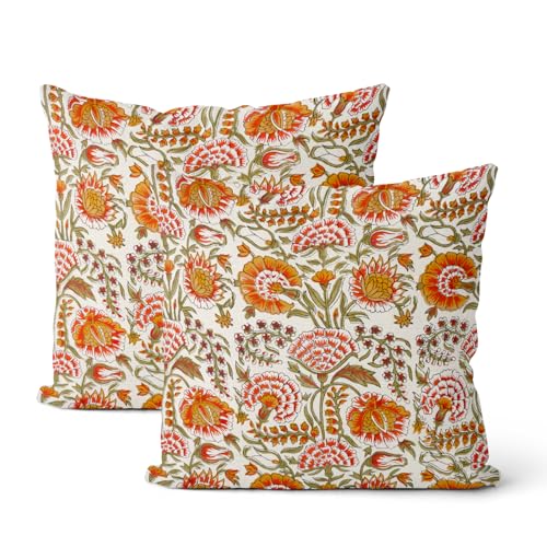 Boho Pillow Covers 16x16 Inch 2 Pcs Fall Burnt Orange Yellow Green Vintage Floral Decor Throw Pillows Spring Flower Summer Outdoor Farmhouse Decoration Pillowcase Cushion Cover for Couch Sofa - color: Boho Burnt Orange Floral, size: 16" x 16" (Pack of 2)