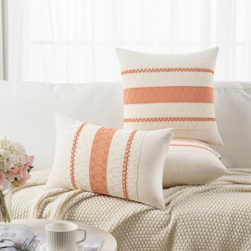 Fancy Homi Set of 2 Boho Coral Decorative Throw Pillow Cover 16x16 Inch for Couch Bed Sofa, Aesthetic Modern Organic Farmhouse Home Decor, Soft Cotton Cute Accent Macrame Woven Cushion Case - color: Coral, size: 16" x 16" (Pack of 2)