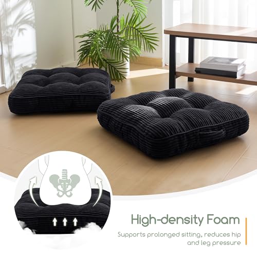 HIGOGOGO Floor Pillow Cushion for Adults, Meditation Cushion Pillow, Large Square Floor Sitting, Tufted Corduroy Cover, for Tatami Living Room or Yoga, 22x22 Inch, 2Pack, Black - color: Square Black, size: 4" Thick(Pack of 2)
