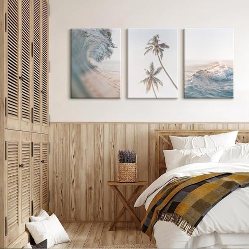 Beach Wall Art Pictures Coastal Canvas Wall Decor Ocean Waves Poster Blue Beach Scene Artwork Palm Tree Art Coastal Landscape Prints for Living Room Bedroom 12x16 Inch Wrapped Canvas Set of 3 - color: Waves Art Prints, size: 12x16 Inch Wrapped Canvas
