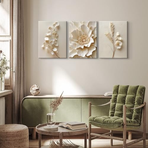 3 Pcs Neutral Beige Botanical Wall art Modern Minimalist Florals Wall Decor White Neutral Botanical Posters Prints Beige Bloom Florals Textured Paintings Vintage Blossom Pictures(12x16in Canvas) - color: Canvas-Beige, size: 12L" x 16W"