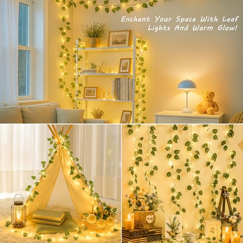 YOUNGAR Pothos Vines with Fairy Lights,Leaf String Warm White Lights Battery/USB Operated,23FT 73LED Fake for Bedroom Wall Room Wedding Birthday Garden Party Wall Room Decor - color: Pothos (Warm White), size: 73 LED-USB/Battery-Copper Wire-1Pack