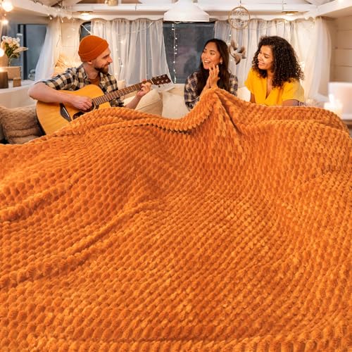 Vessia Flannel Fleece Queen Size Bed Blanket(90x90 inch), 3D Jacquard Burnt Orange Fuzzy and Warm Blanket for Adults, 300GSM Super Soft Touch Cozy Lightweight Home Decor for All-Season - color: Burnt Orange-3d, size: 90x90 inch