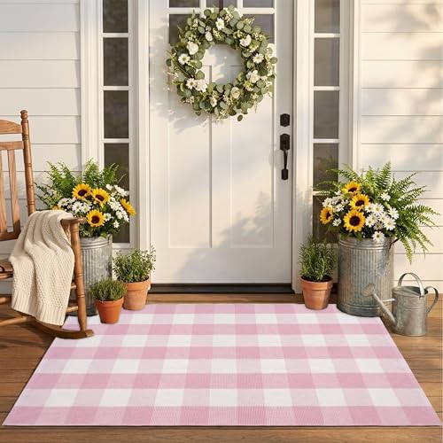 Spring Pink and White Plaid Rug, 3' x 5' Cotton Blend Layered Doormat Rug for Front Door, Hand-Woven Washable Entryway & Porch Decor - color: Light Pink and White, size: 3' x 5'