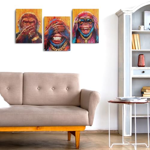 3 Pcs Funny Monkey Canvas Wall Art, Modern Monkey Wall Decor Framed Prints for Home Living Room Corridor Bathroom Cafe Apartment Decor, Housewarming Gifts 11.5x15 Inch - color: Multi 1370