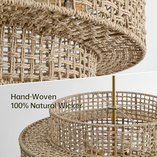 24” Rattan Chandelier for Dining Room, Large Boho 6-Light Rustic Chandeliers Light Fixture with Wicker Shade, Hand Woven Farmhouse Pendant Lighting for Kitchen Bedroom, Living Room, Foyer - color: Linen, size: 24" 6-Light