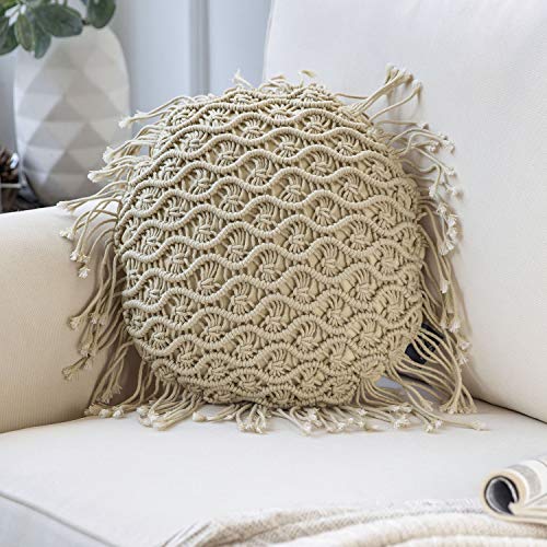 Phantoscope 100% Cotton Handmade Crochet Woven Boho Throw Pillow with Tassel Cute Farmhouse Pillow Insert Included Lumbar Small Decorative Cushion for Couch Sofa, Beige,16 inches Round - color: Khaki