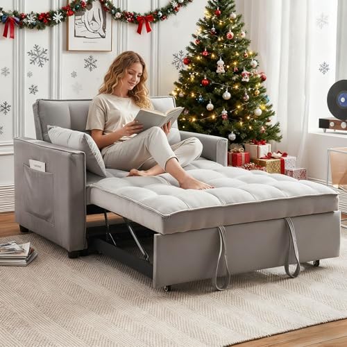 3-in-1 Loveseat Sleeper Sofa, Modern 55.5" Pull Out Couch, Velvet Upholstered Futon Sofa Bed with Adjustable Backrest, Convertible Sofa Bed with Storage Pockets for Living Room(Light Grey) - color: Grey